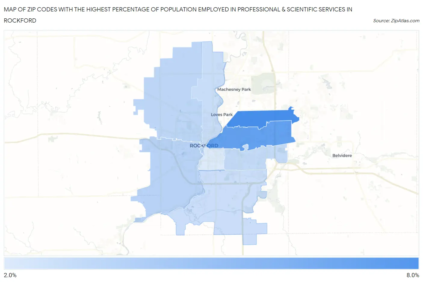 Zip Codes with the Highest Percentage of Population Employed in Professional & Scientific Services in Rockford Map