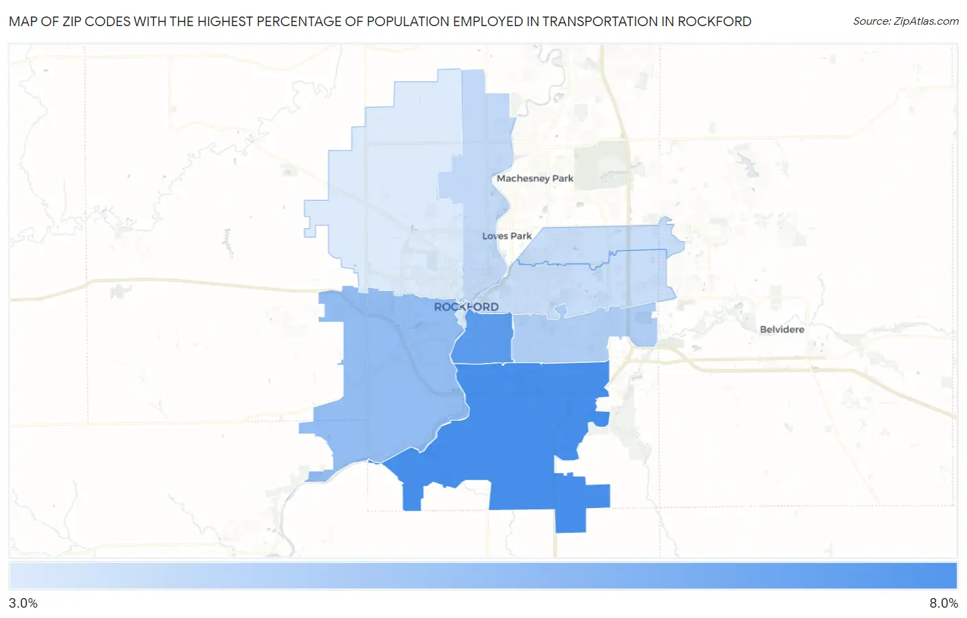 Zip Codes with the Highest Percentage of Population Employed in Transportation in Rockford Map