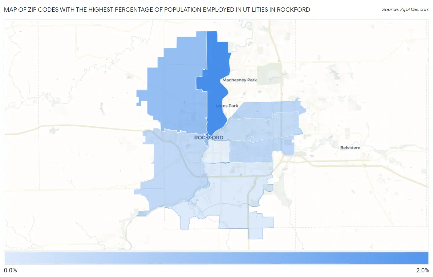 Zip Codes with the Highest Percentage of Population Employed in Utilities in Rockford Map