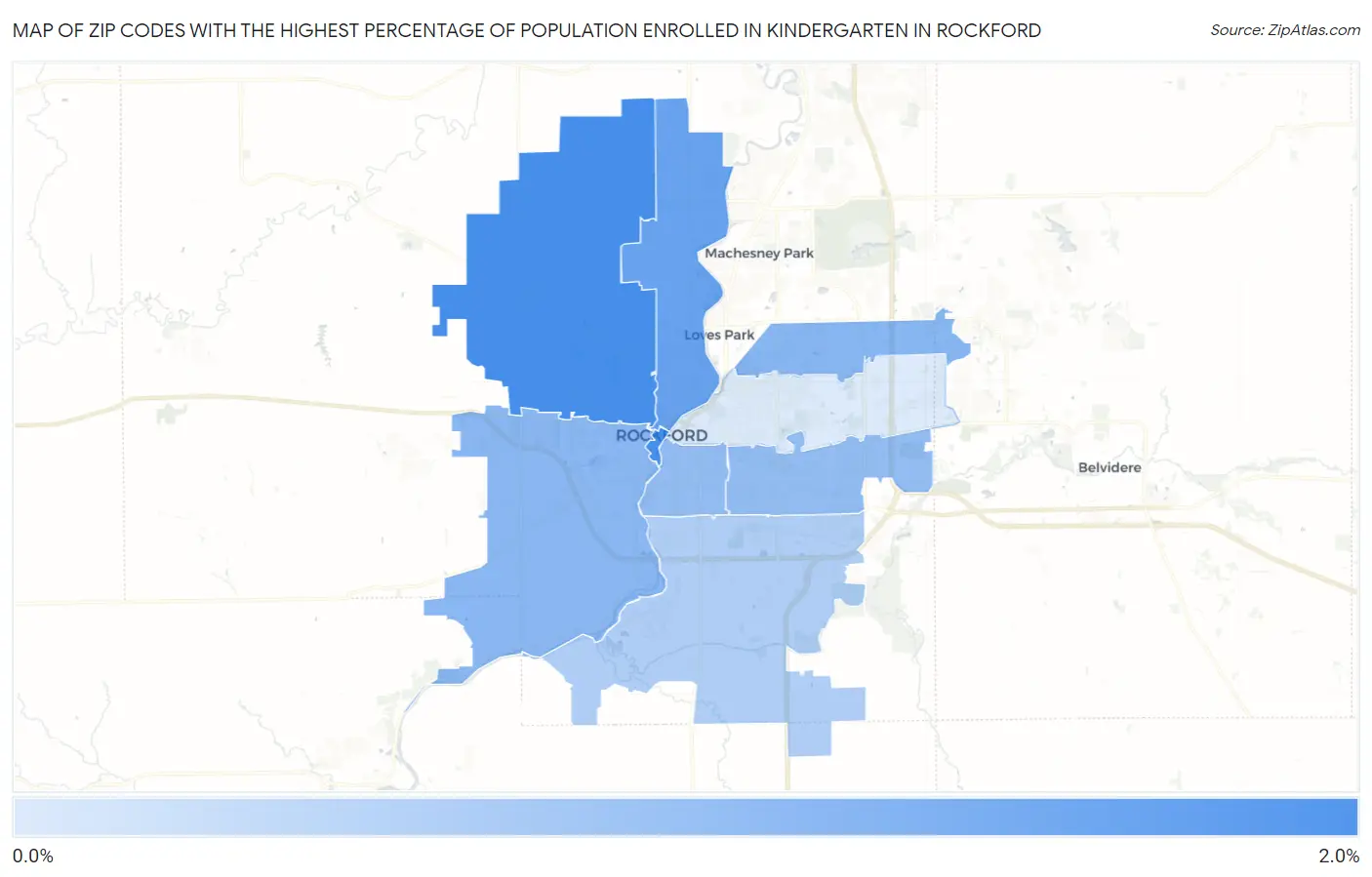 Zip Codes with the Highest Percentage of Population Enrolled in Kindergarten in Rockford Map