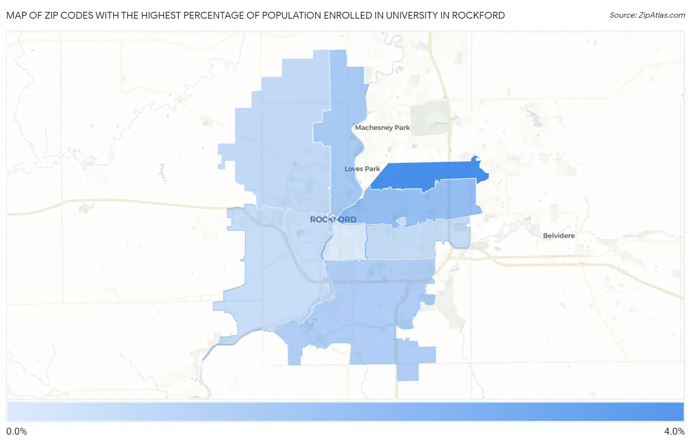 Zip Codes with the Highest Percentage of Population Enrolled in University in Rockford Map