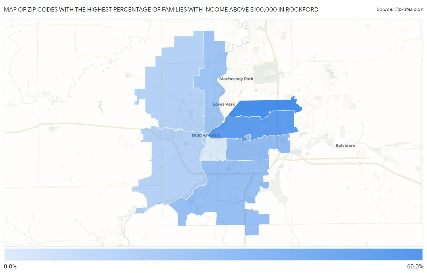 Zip Codes with the Highest Percentage of Families with Income Above $100,000 in Rockford Map