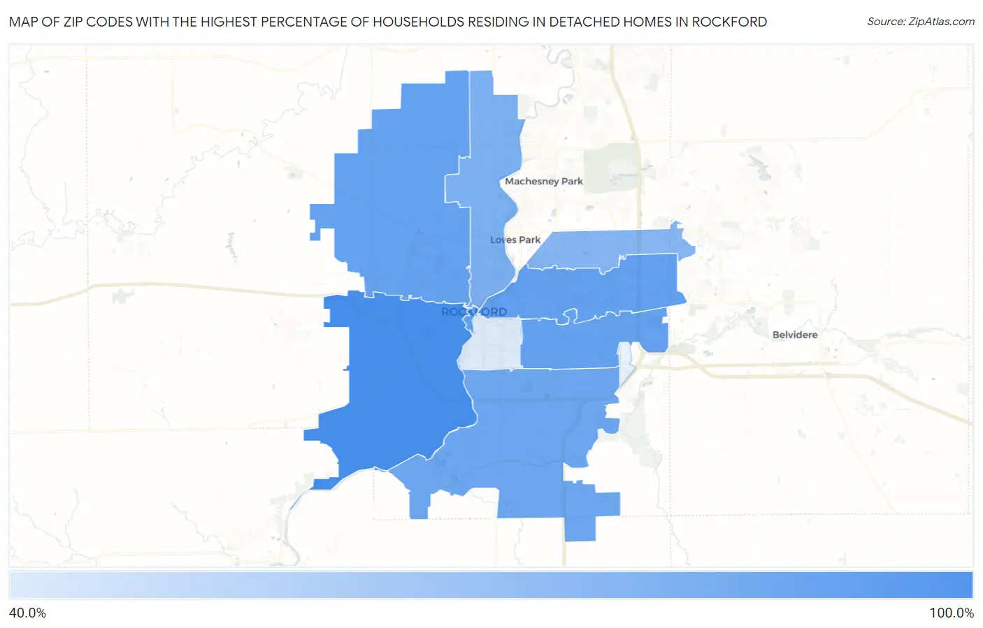 Zip Codes with the Highest Percentage of Households Residing in Detached Homes in Rockford Map