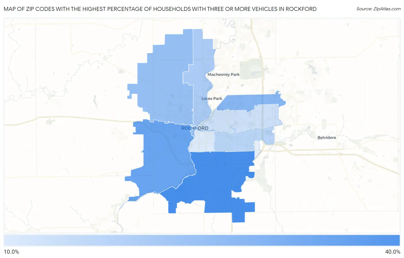 Zip Codes with the Highest Percentage of Households With Three or more Vehicles in Rockford Map