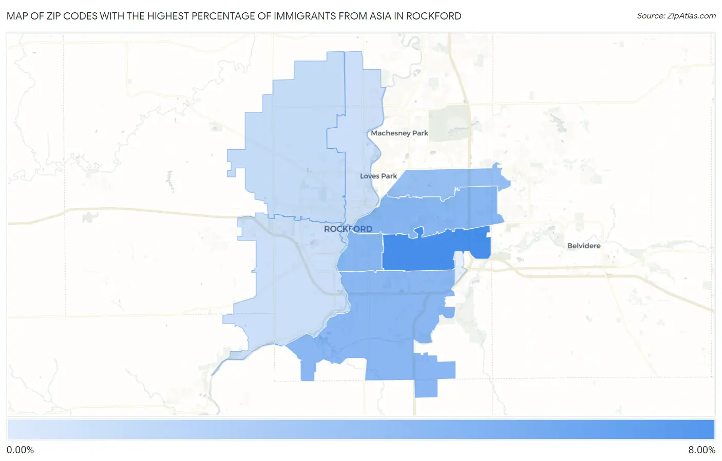 Zip Codes with the Highest Percentage of Immigrants from Asia in Rockford Map