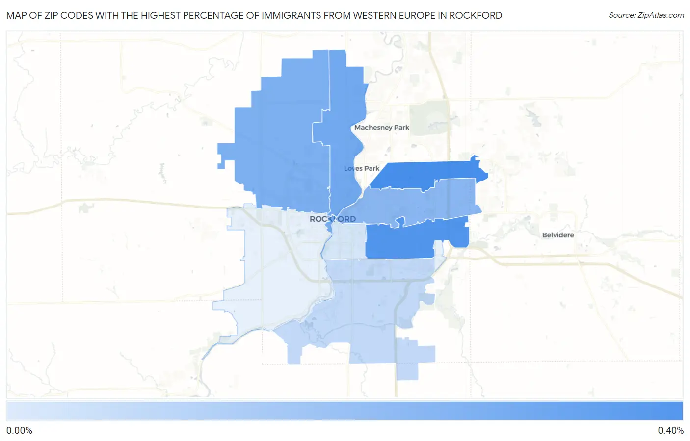 Zip Codes with the Highest Percentage of Immigrants from Western Europe in Rockford Map
