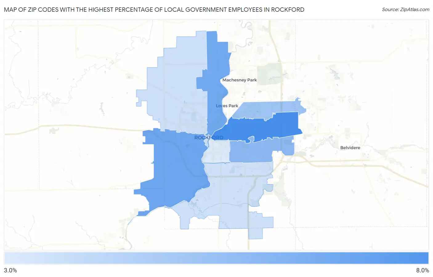Zip Codes with the Highest Percentage of Local Government Employees in Rockford Map
