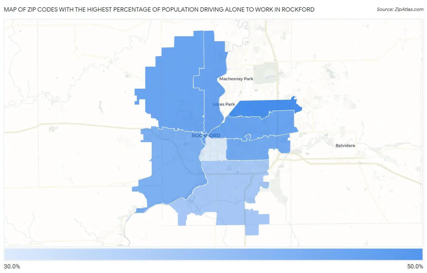 Zip Codes with the Highest Percentage of Population Driving Alone to Work in Rockford Map