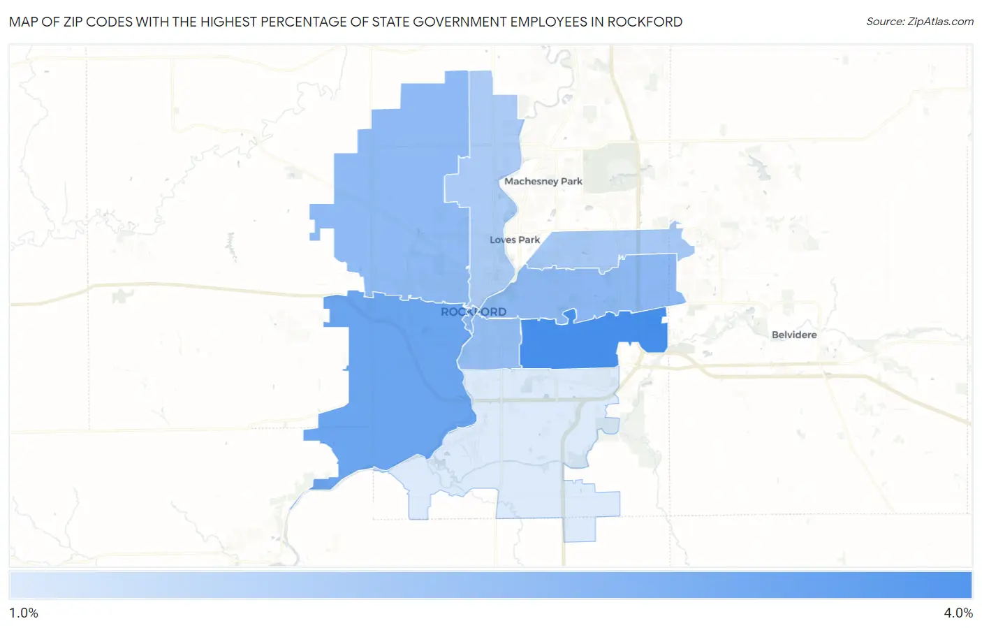 Zip Codes with the Highest Percentage of State Government Employees in Rockford Map