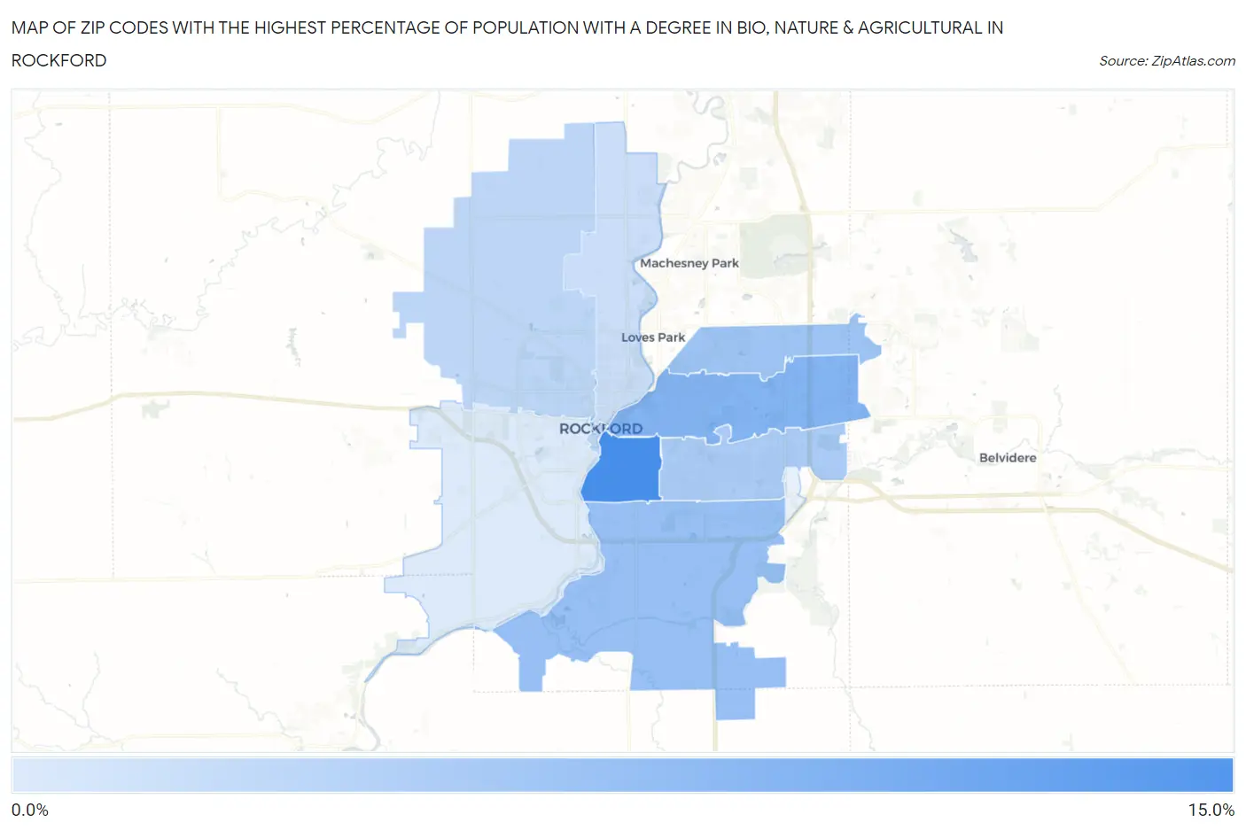 Zip Codes with the Highest Percentage of Population with a Degree in Bio, Nature & Agricultural in Rockford Map