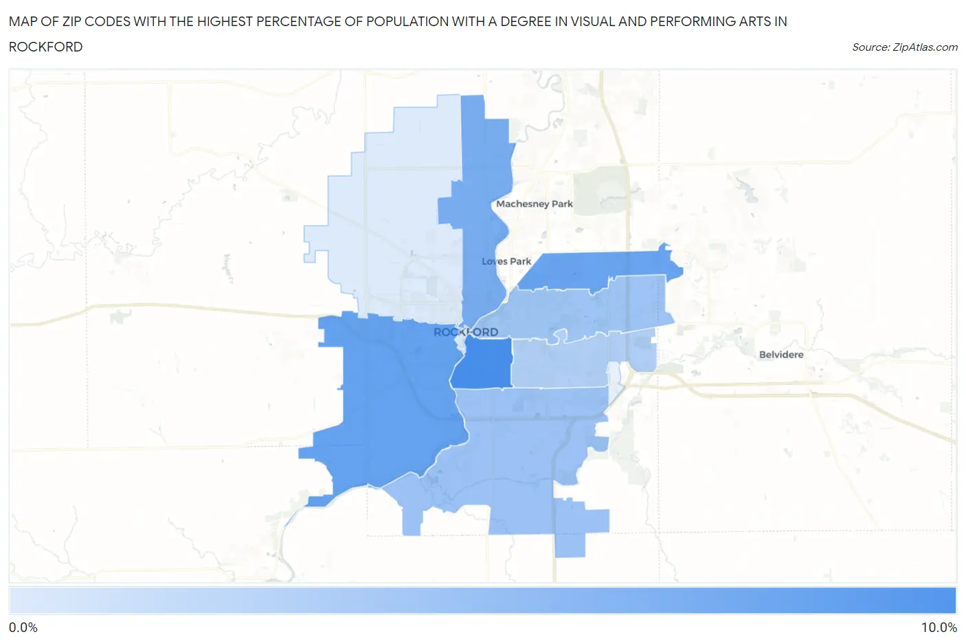 Zip Codes with the Highest Percentage of Population with a Degree in Visual and Performing Arts in Rockford Map