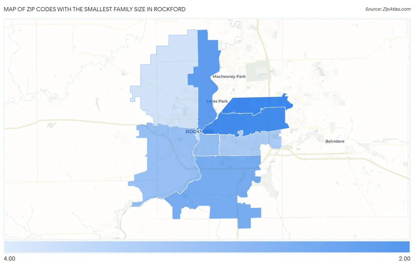 Zip Codes with the Smallest Family Size in Rockford Map