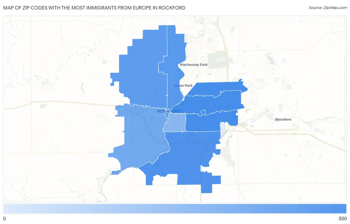 Zip Codes with the Most Immigrants from Europe in Rockford Map