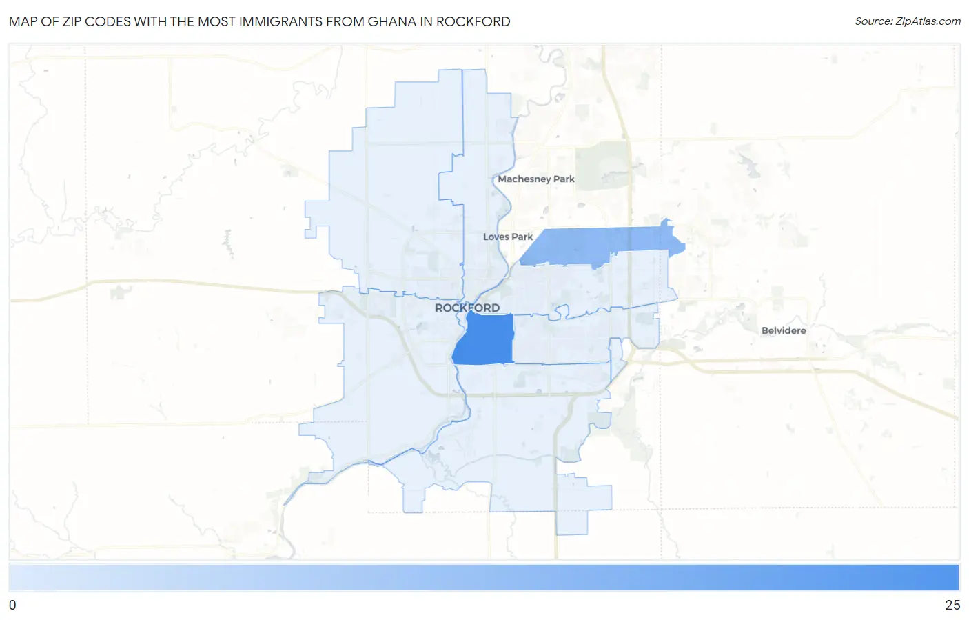 Zip Codes with the Most Immigrants from Ghana in Rockford Map