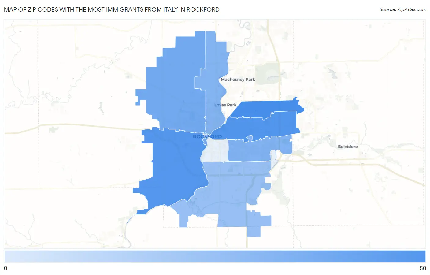 Zip Codes with the Most Immigrants from Italy in Rockford Map
