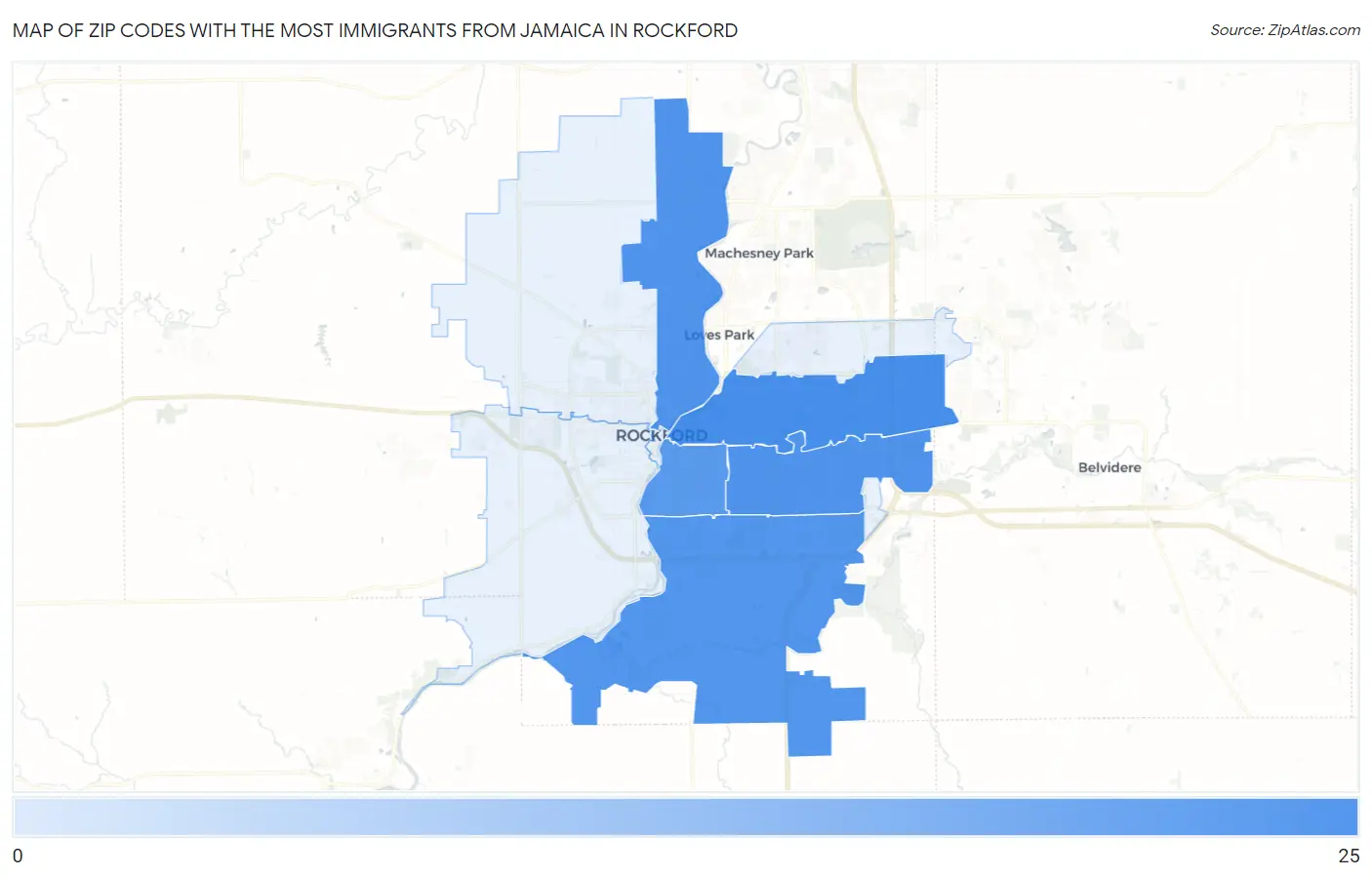Zip Codes with the Most Immigrants from Jamaica in Rockford Map