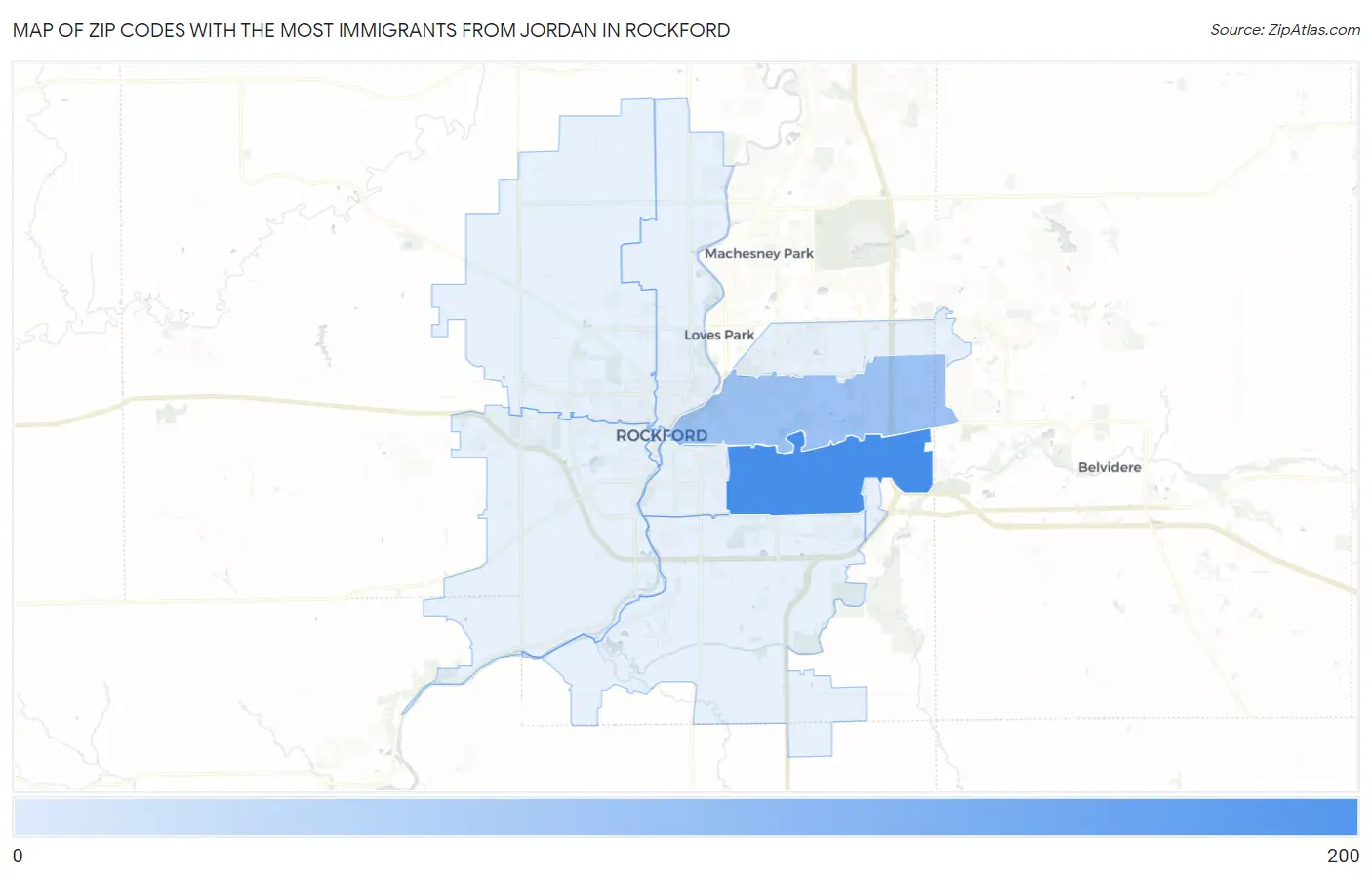 Zip Codes with the Most Immigrants from Jordan in Rockford Map