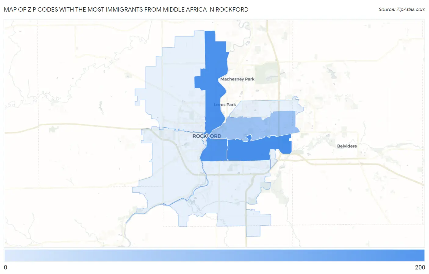 Zip Codes with the Most Immigrants from Middle Africa in Rockford Map