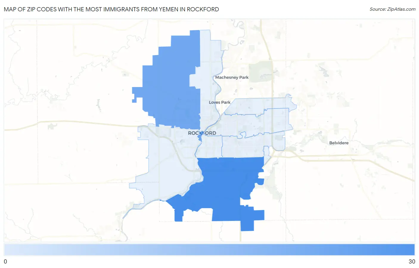 Zip Codes with the Most Immigrants from Yemen in Rockford Map