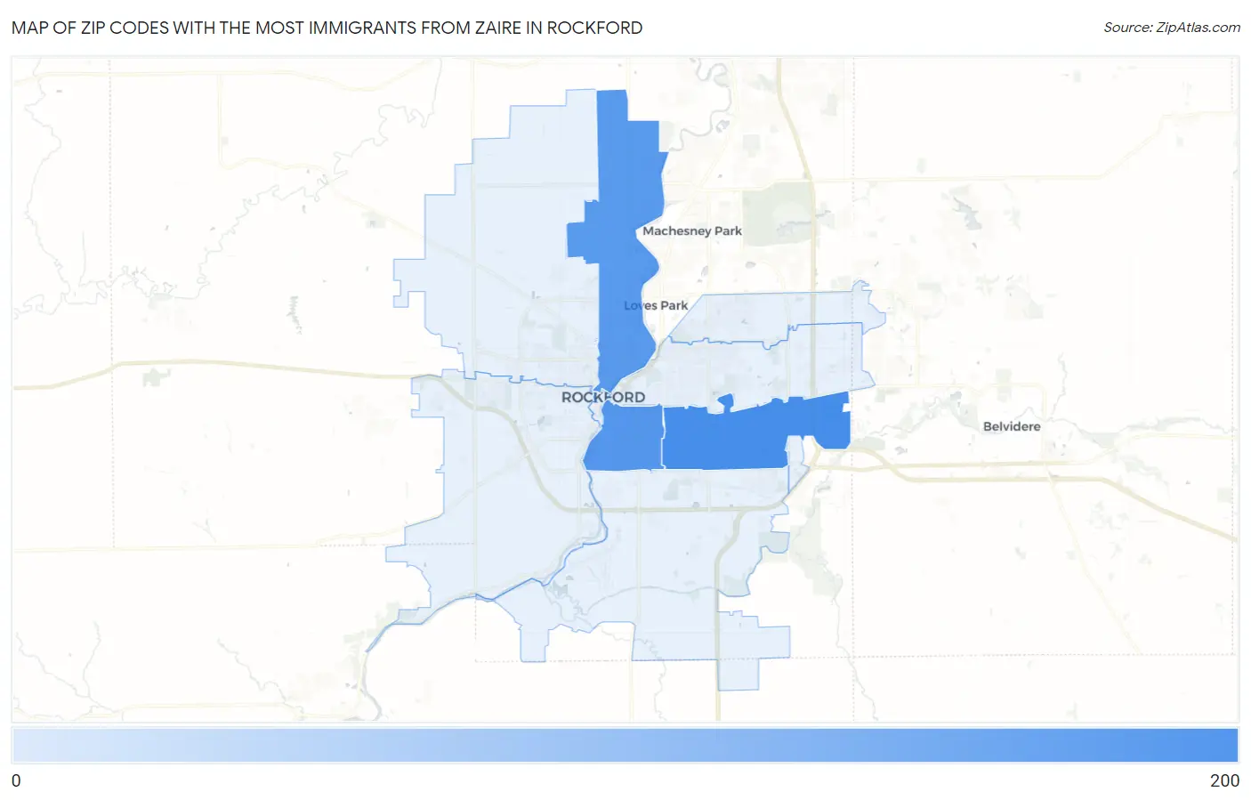 Zip Codes with the Most Immigrants from Zaire in Rockford Map