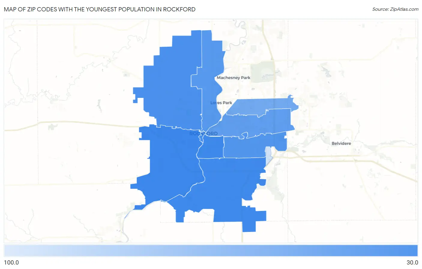 Zip Codes with the Youngest Population in Rockford Map