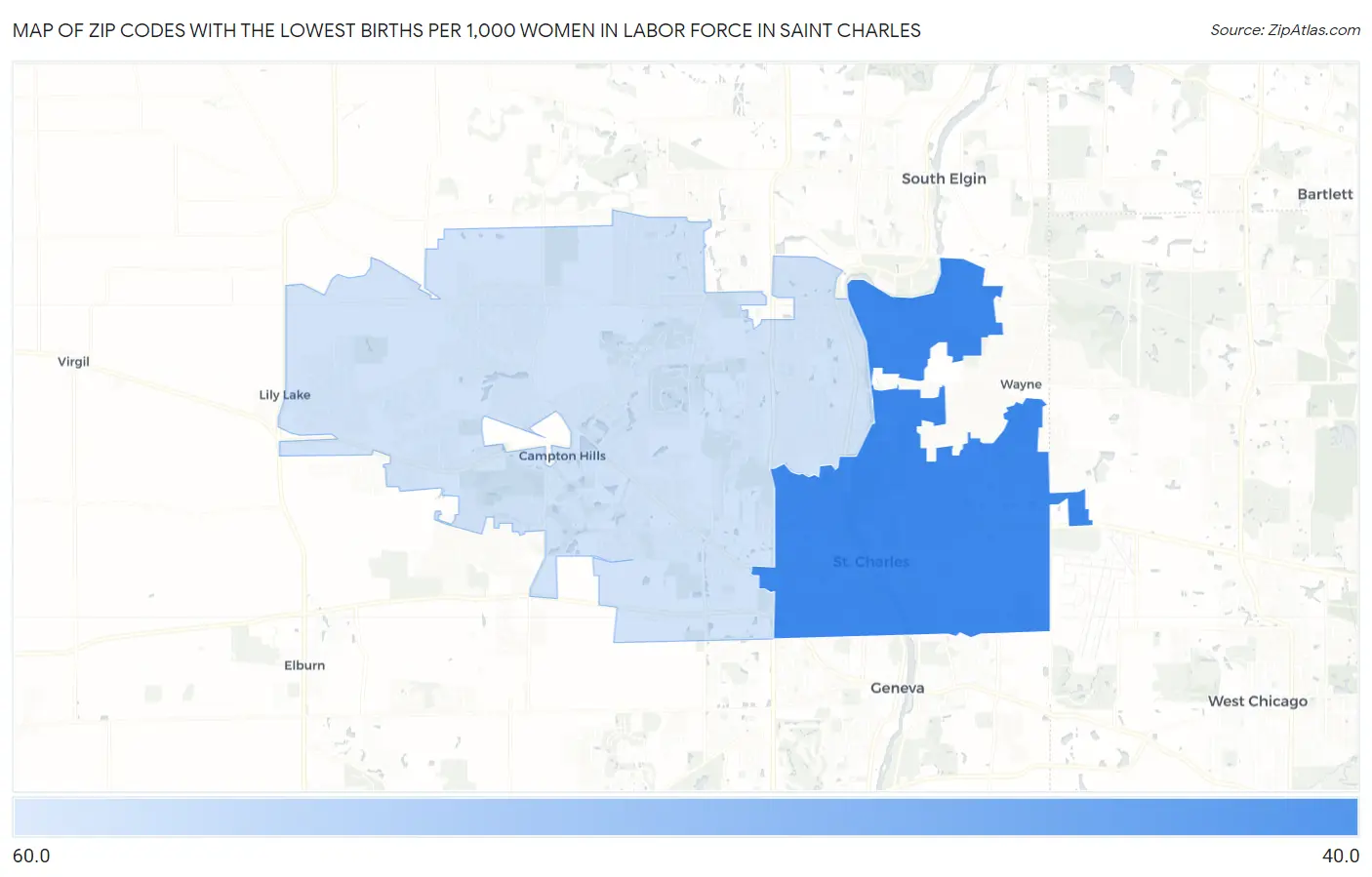 Zip Codes with the Lowest Births per 1,000 Women in Labor Force in Saint Charles Map