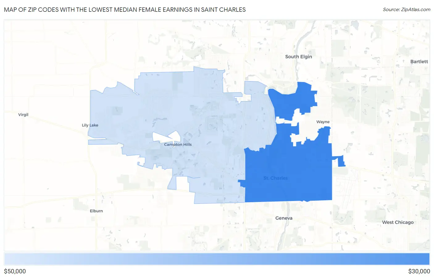 Zip Codes with the Lowest Median Female Earnings in Saint Charles Map