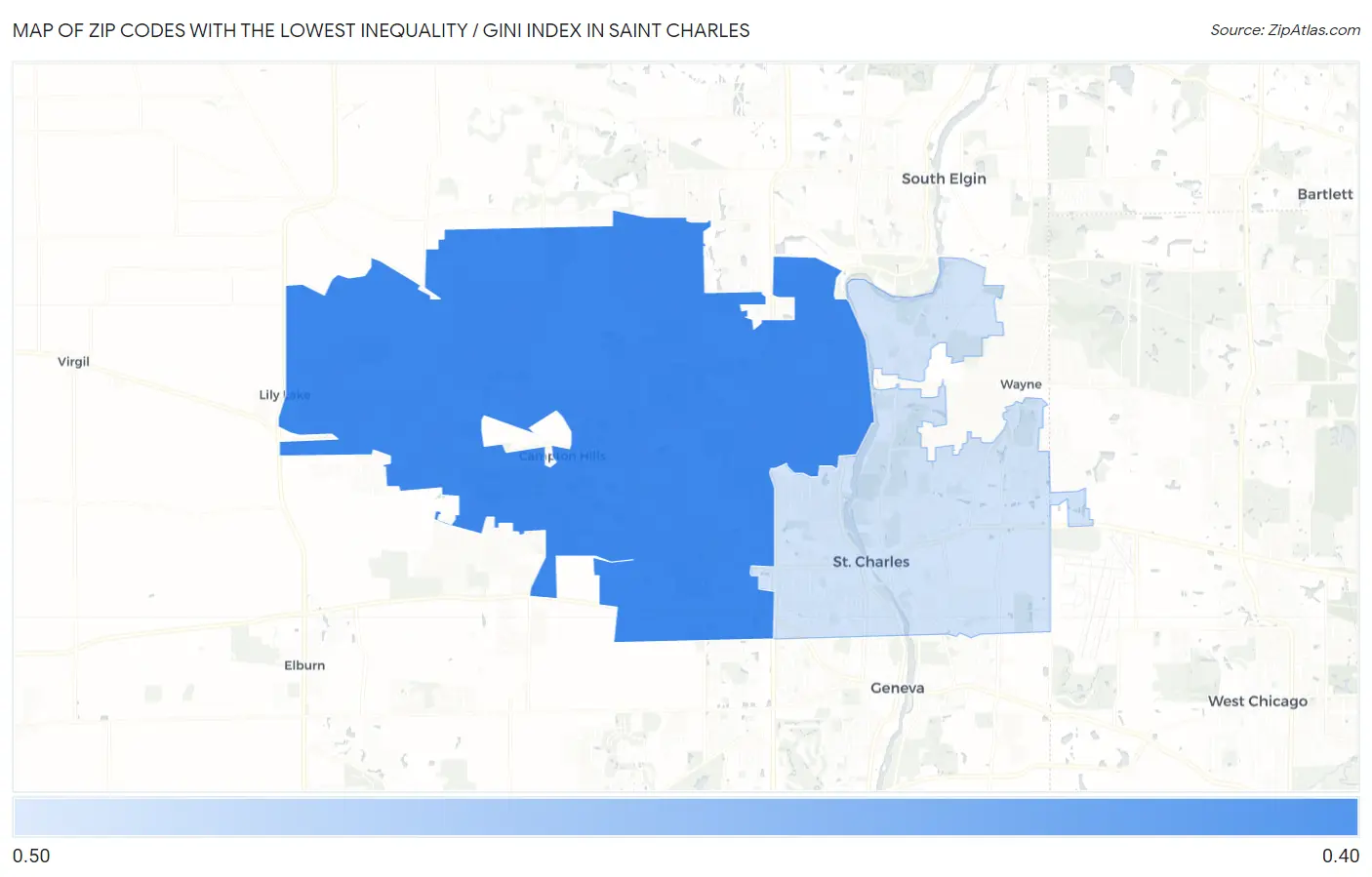 Zip Codes with the Lowest Inequality / Gini Index in Saint Charles Map