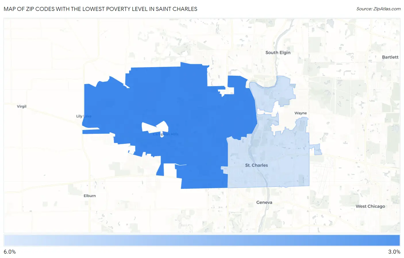 Zip Codes with the Lowest Poverty Level in Saint Charles Map
