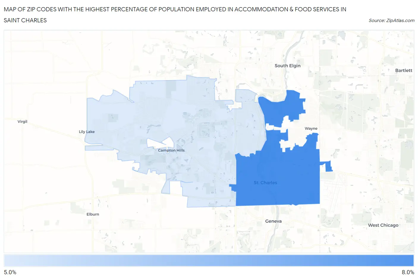 Zip Codes with the Highest Percentage of Population Employed in Accommodation & Food Services in Saint Charles Map