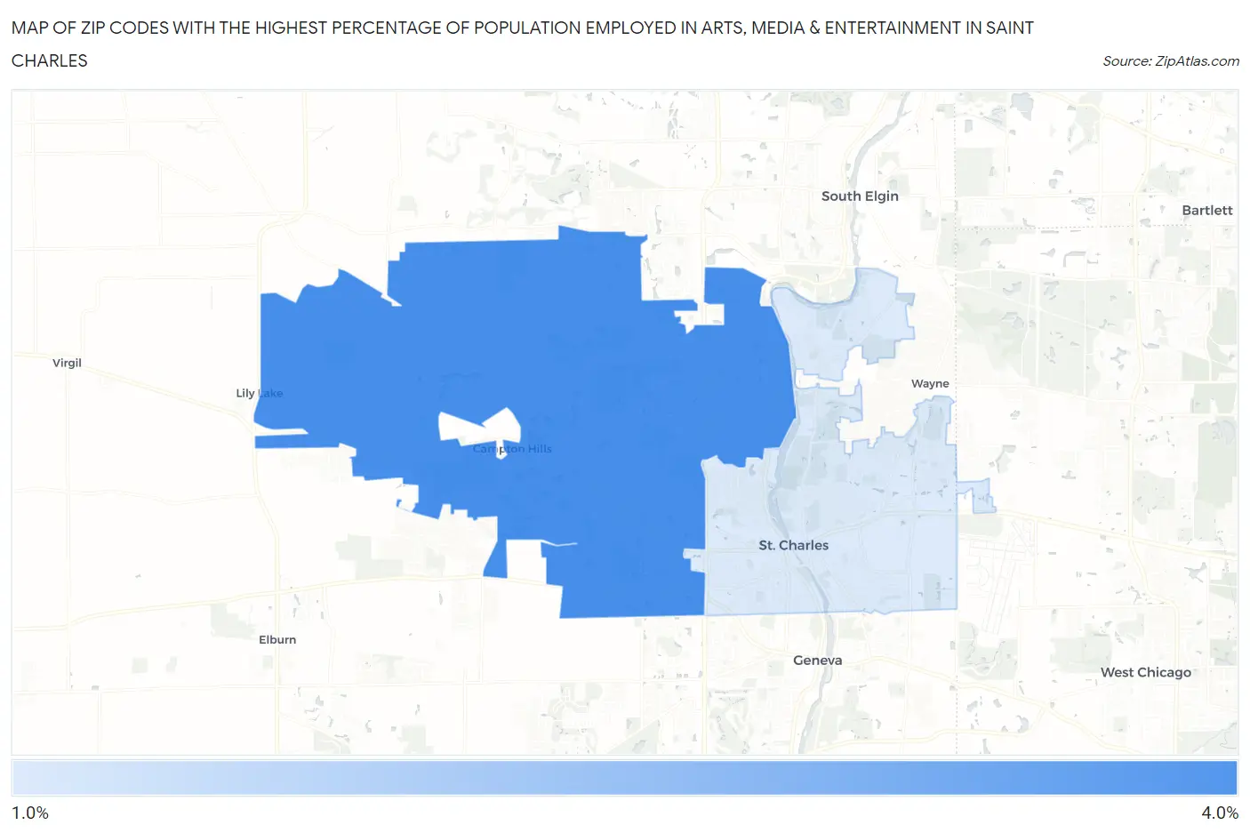 Zip Codes with the Highest Percentage of Population Employed in Arts, Media & Entertainment in Saint Charles Map