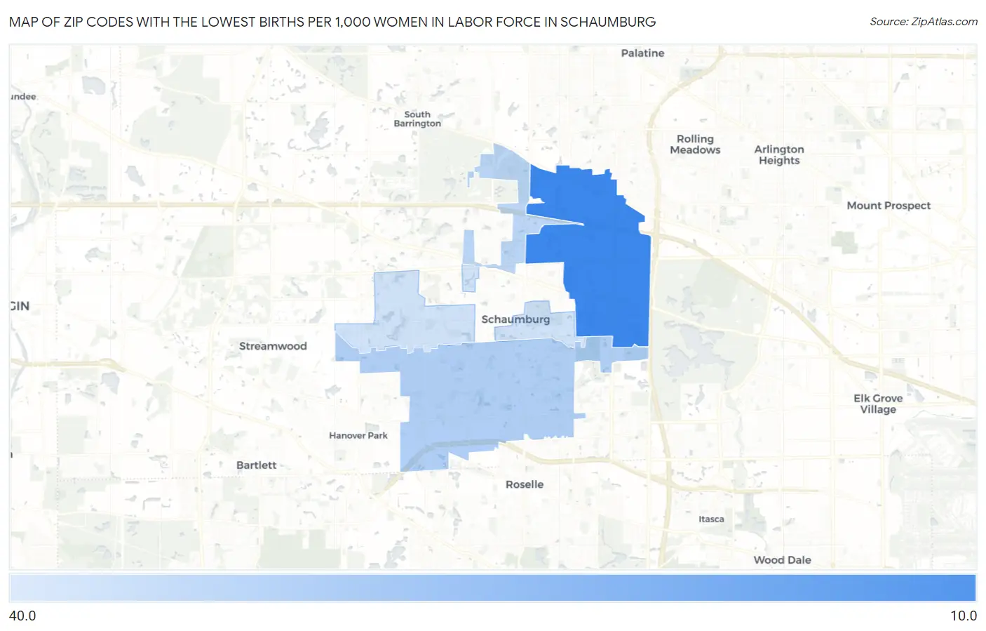 Zip Codes with the Lowest Births per 1,000 Women in Labor Force in Schaumburg Map