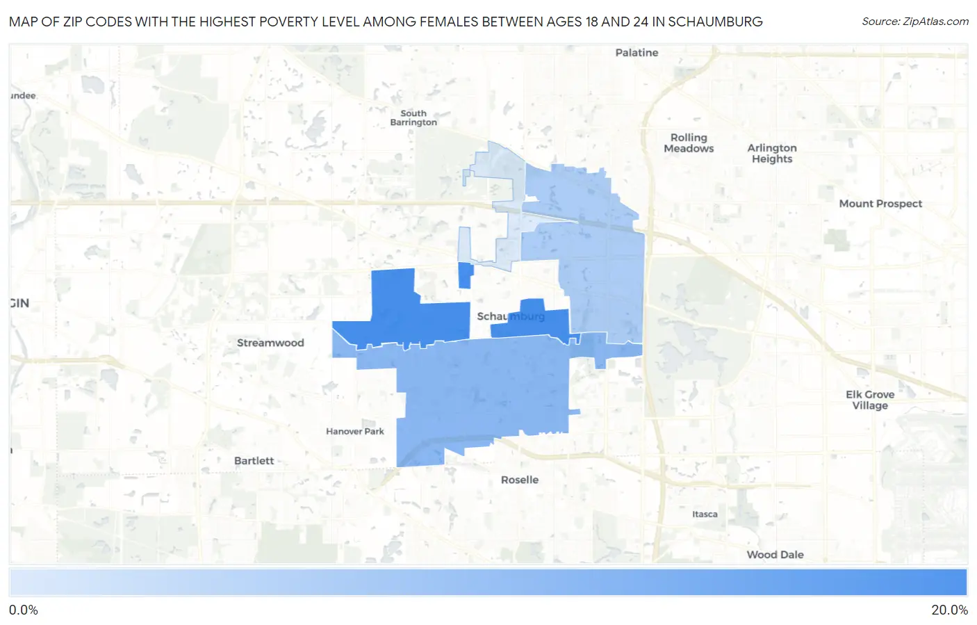 Zip Codes with the Highest Poverty Level Among Females Between Ages 18 and 24 in Schaumburg Map