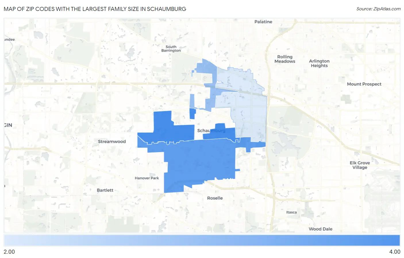 Zip Codes with the Largest Family Size in Schaumburg Map