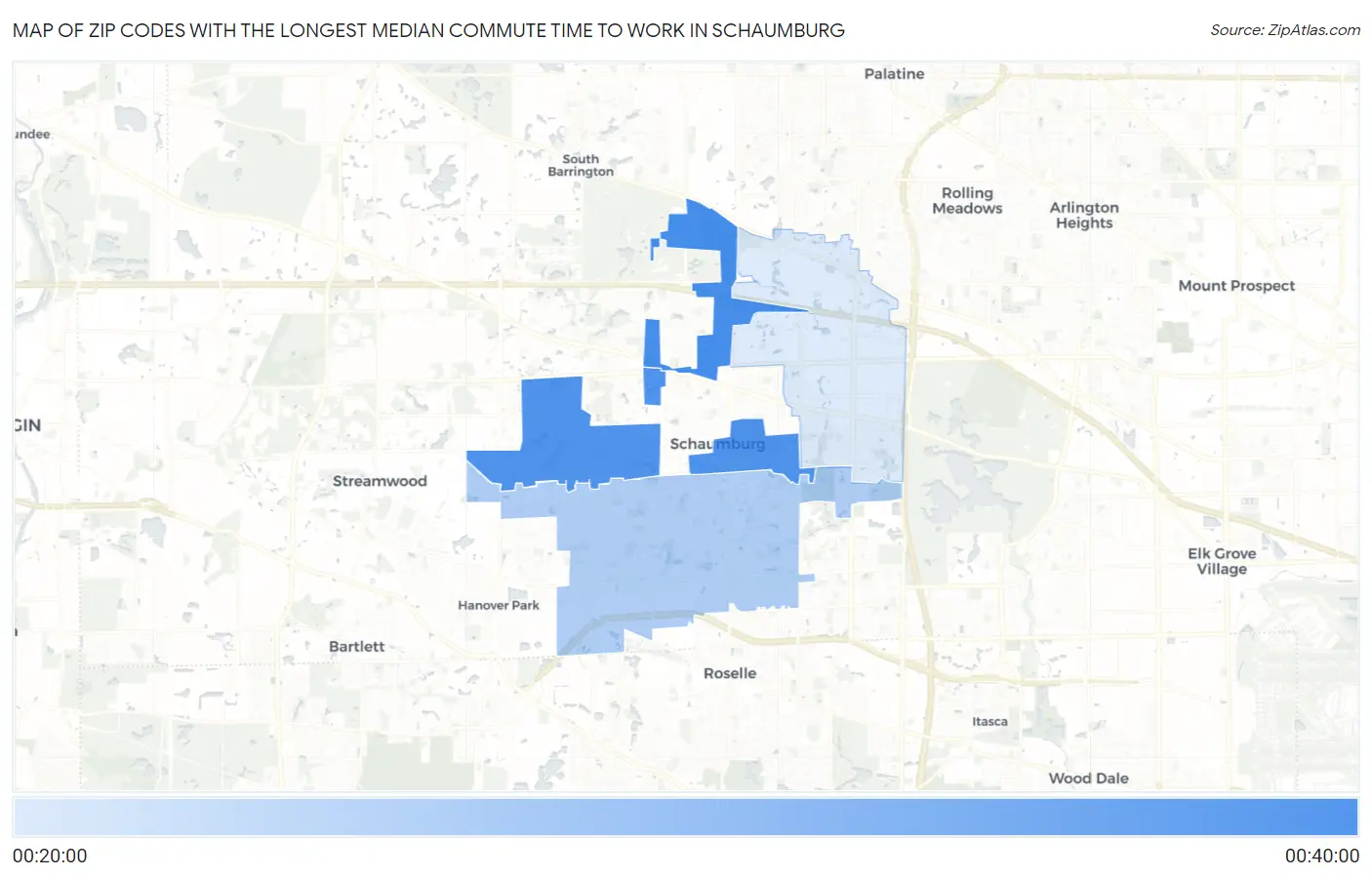 Zip Codes with the Longest Median Commute Time to Work in Schaumburg Map