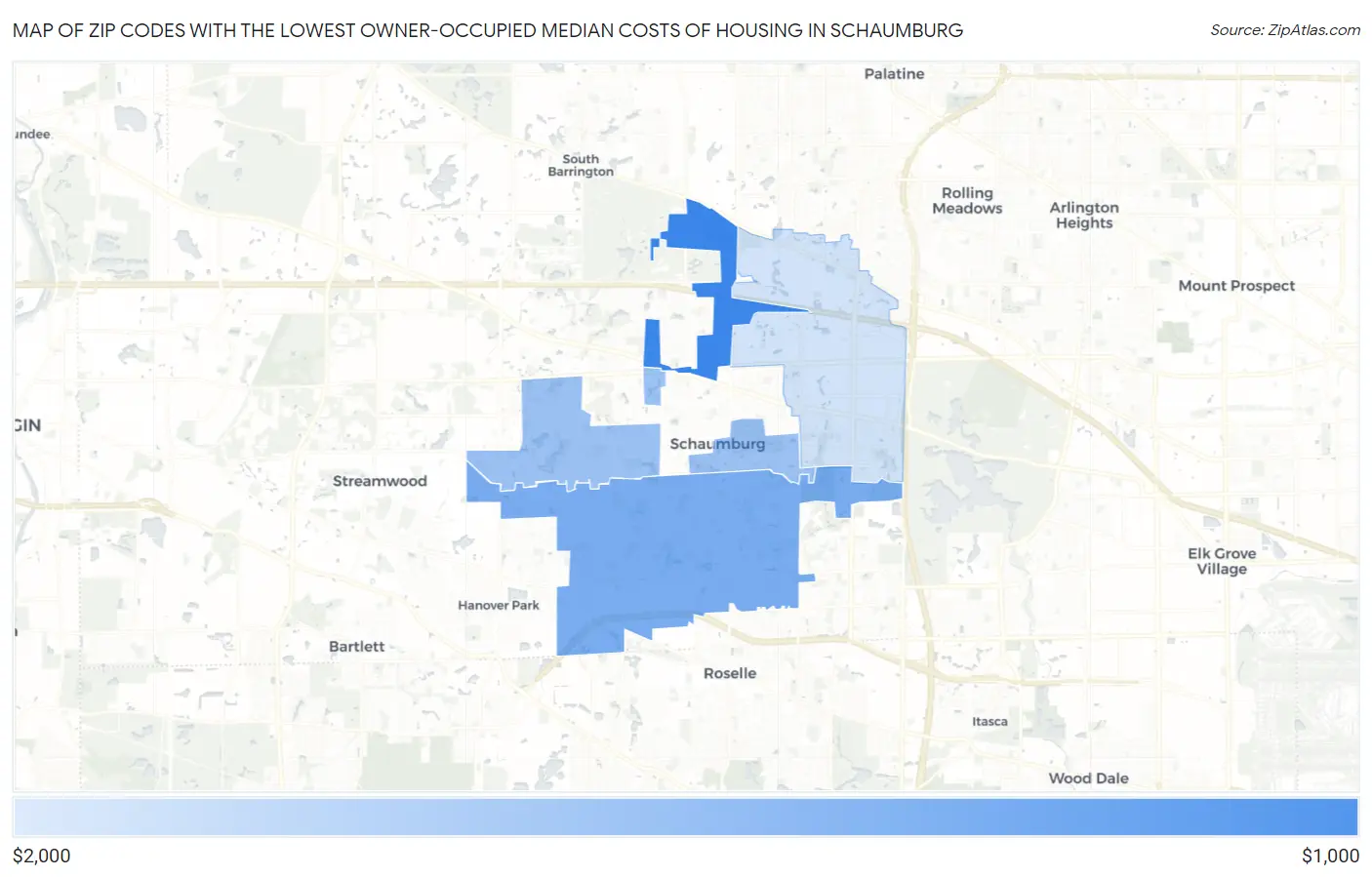 Zip Codes with the Lowest Owner-Occupied Median Costs of Housing in Schaumburg Map
