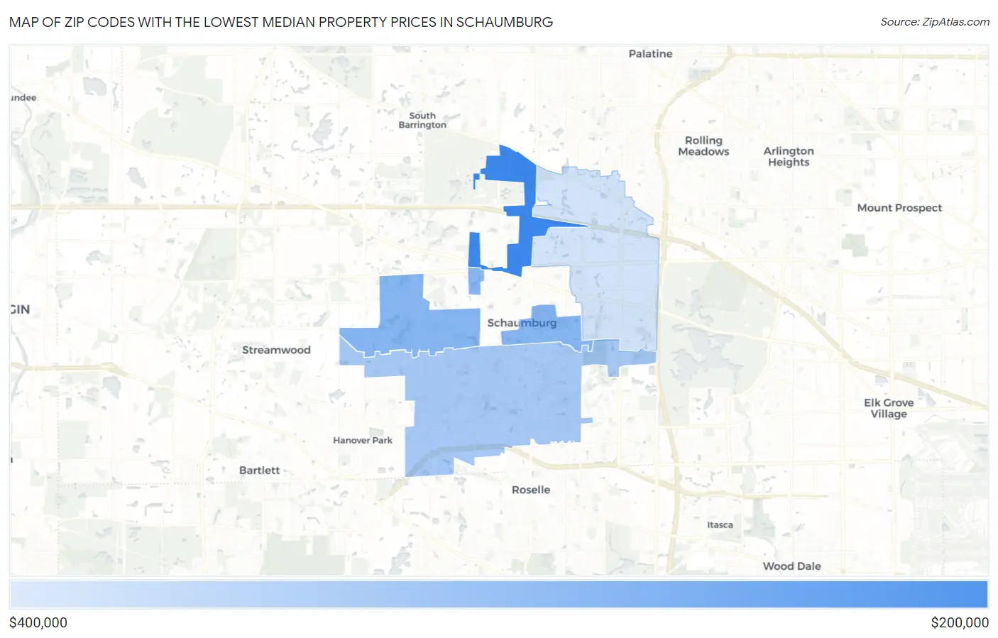 Zip Codes with the Lowest Median Property Prices in Schaumburg Map