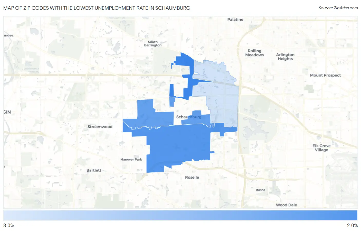 Zip Codes with the Lowest Unemployment Rate in Schaumburg Map