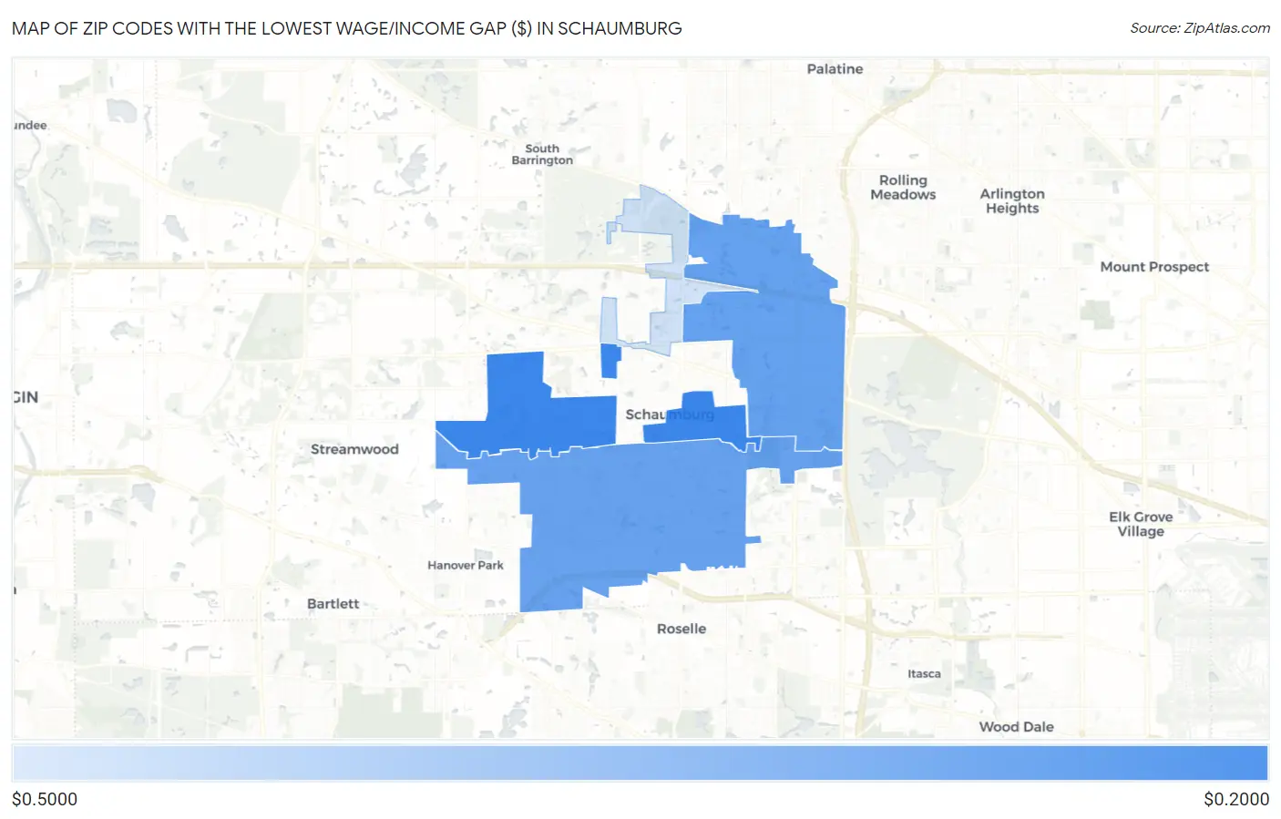 Zip Codes with the Lowest Wage/Income Gap ($) in Schaumburg Map