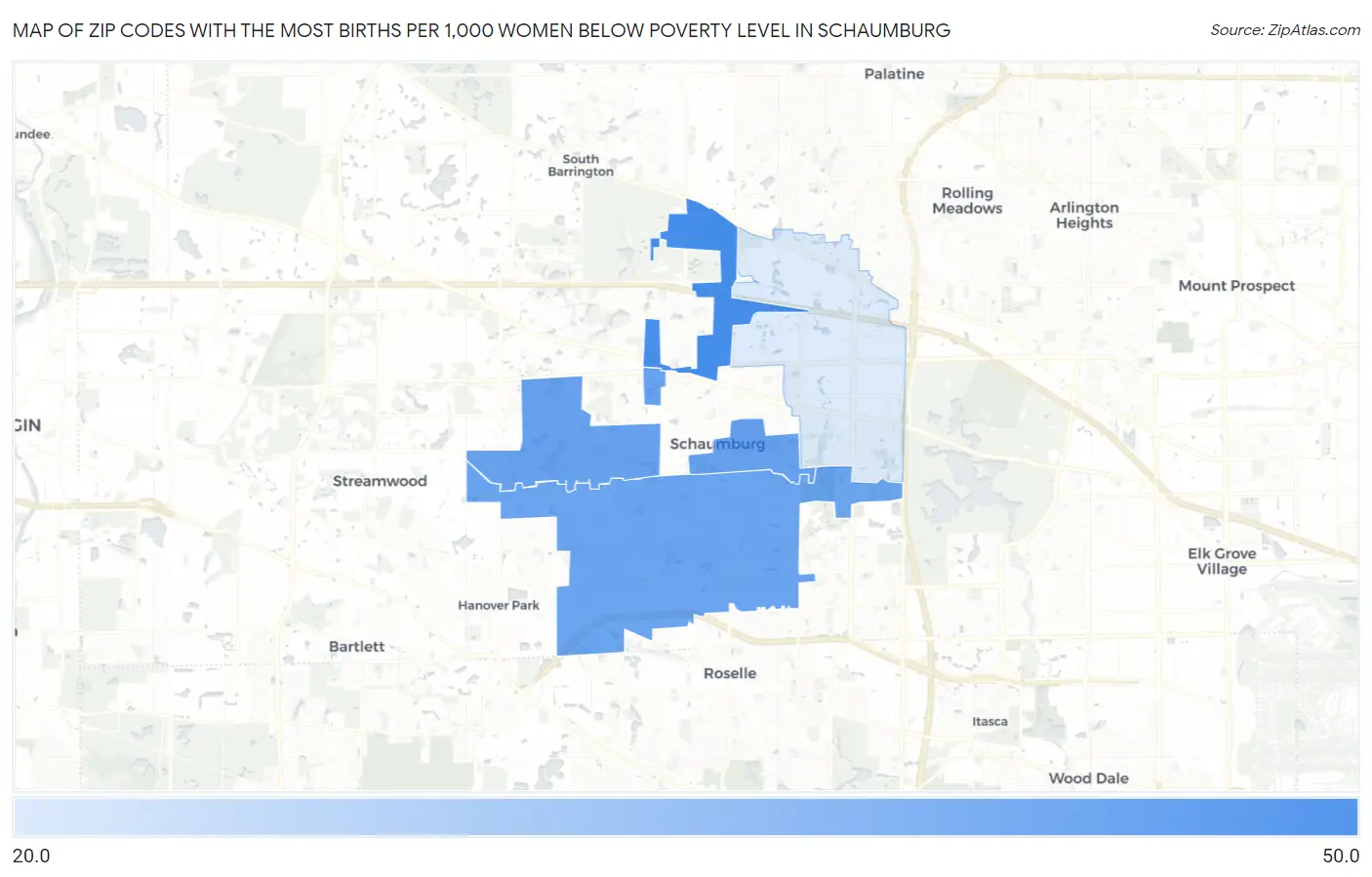 Zip Codes with the Most Births per 1,000 Women Below Poverty Level in Schaumburg Map