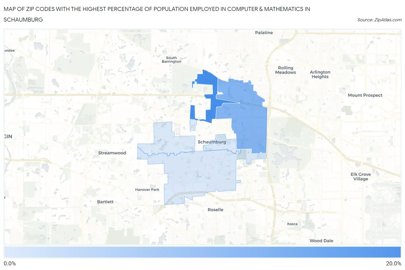 Zip Codes with the Highest Percentage of Population Employed in Computer & Mathematics in Schaumburg Map