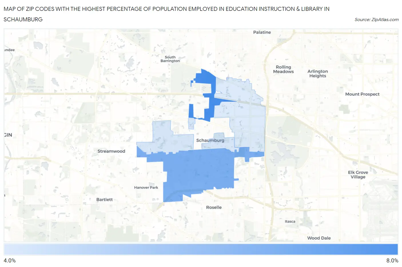 Zip Codes with the Highest Percentage of Population Employed in Education Instruction & Library in Schaumburg Map
