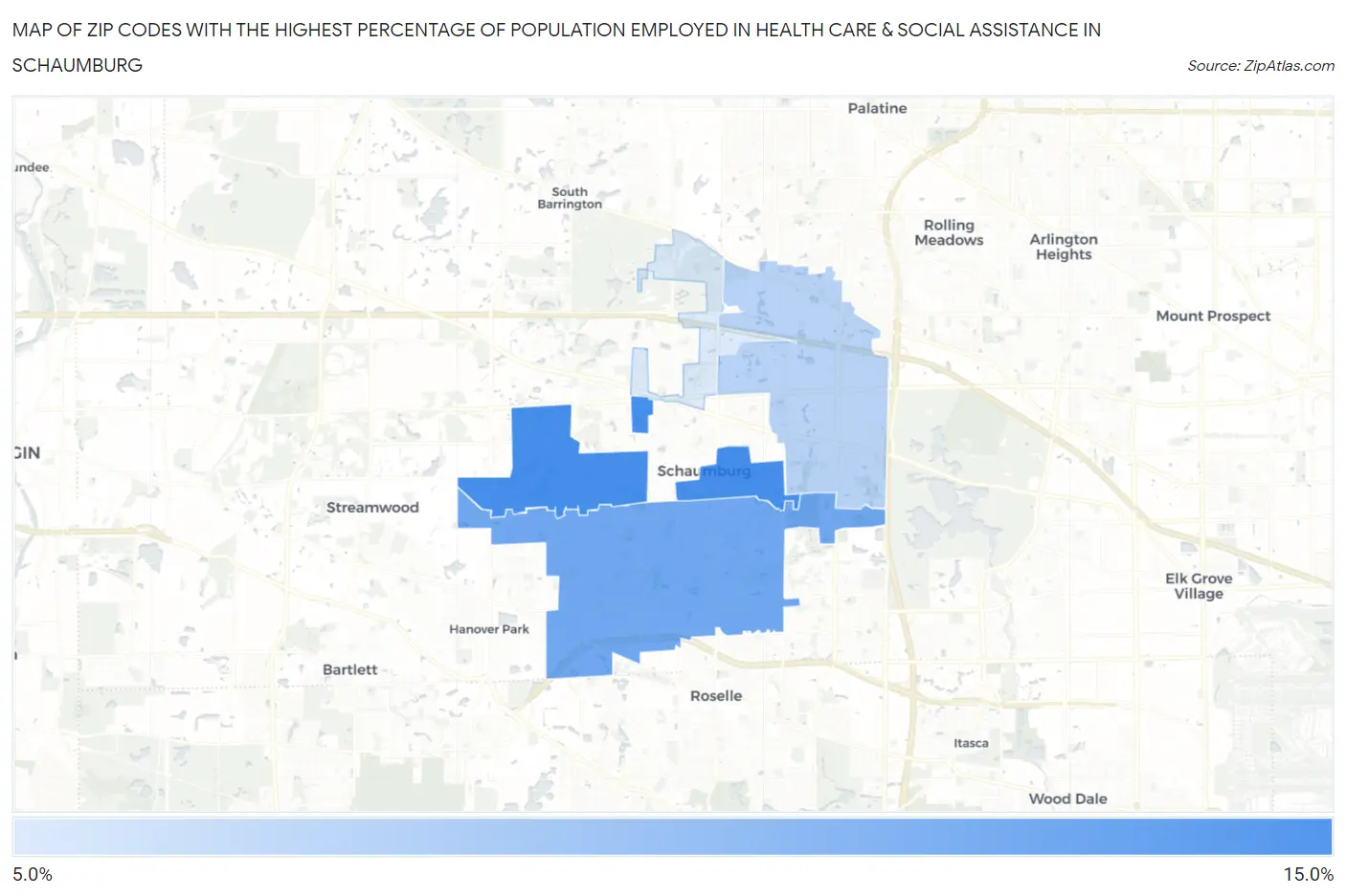 Zip Codes with the Highest Percentage of Population Employed in Health Care & Social Assistance in Schaumburg Map