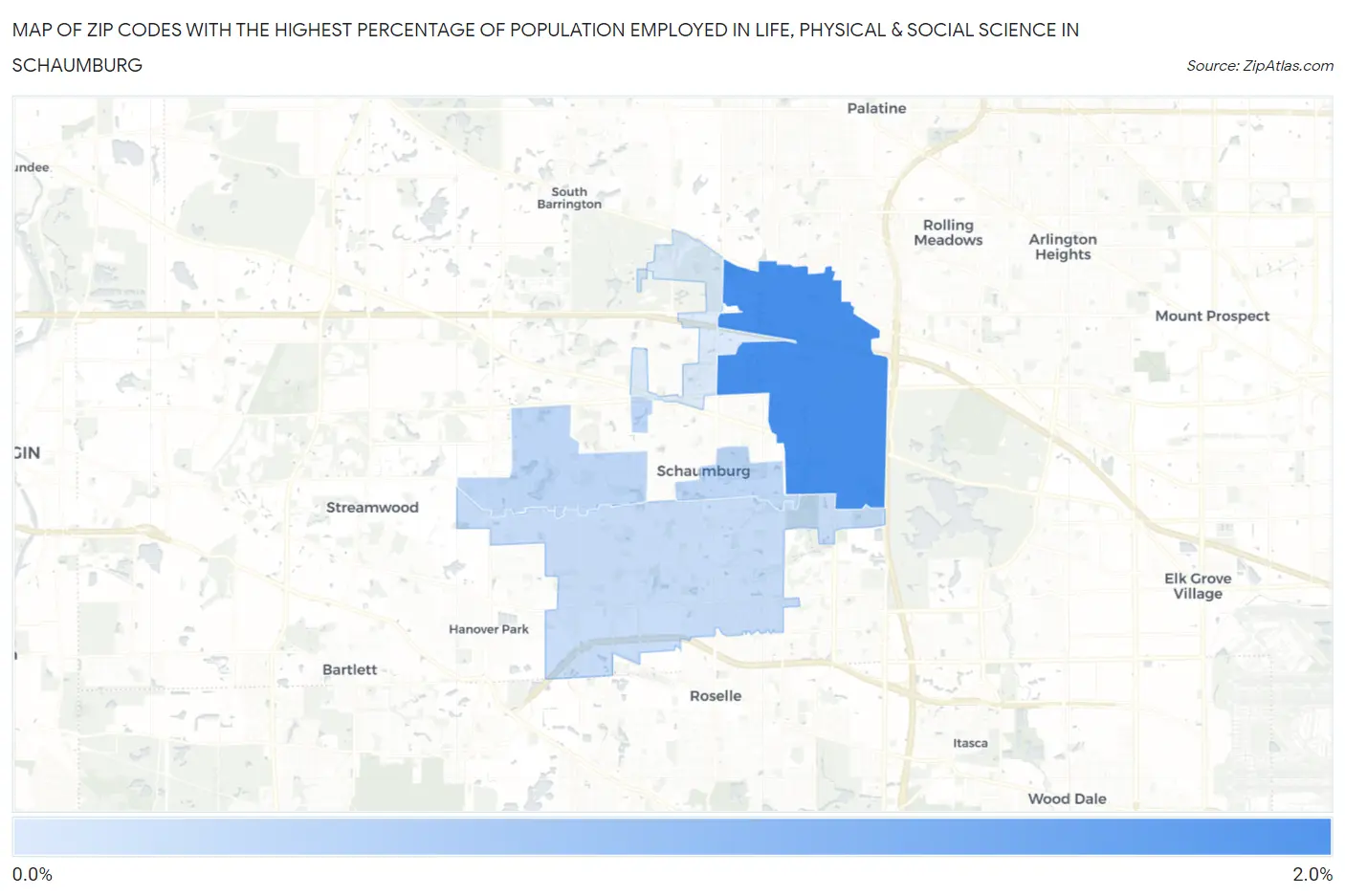 Zip Codes with the Highest Percentage of Population Employed in Life, Physical & Social Science in Schaumburg Map