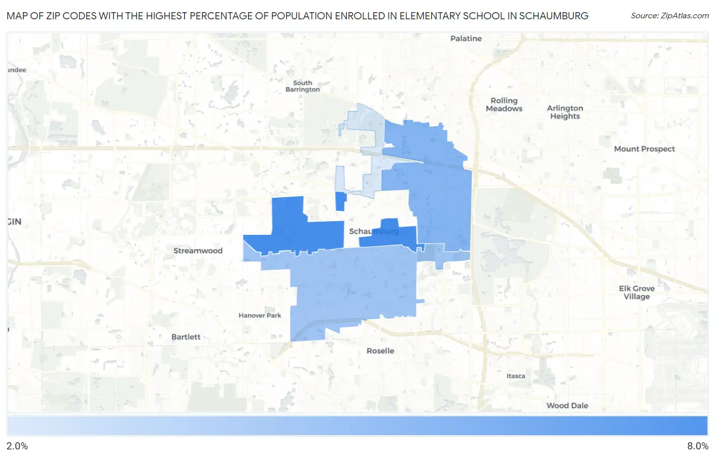 Zip Codes with the Highest Percentage of Population Enrolled in Elementary School in Schaumburg Map