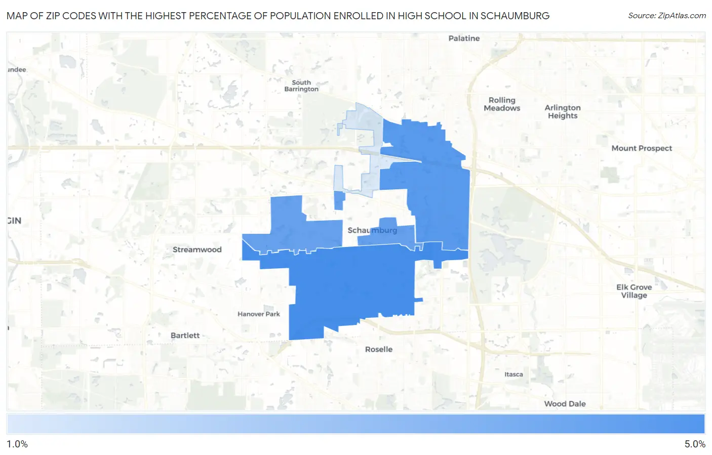 Zip Codes with the Highest Percentage of Population Enrolled in High School in Schaumburg Map