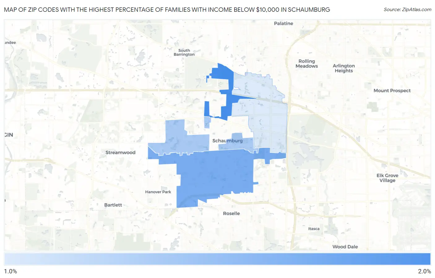 Zip Codes with the Highest Percentage of Families with Income Below $10,000 in Schaumburg Map