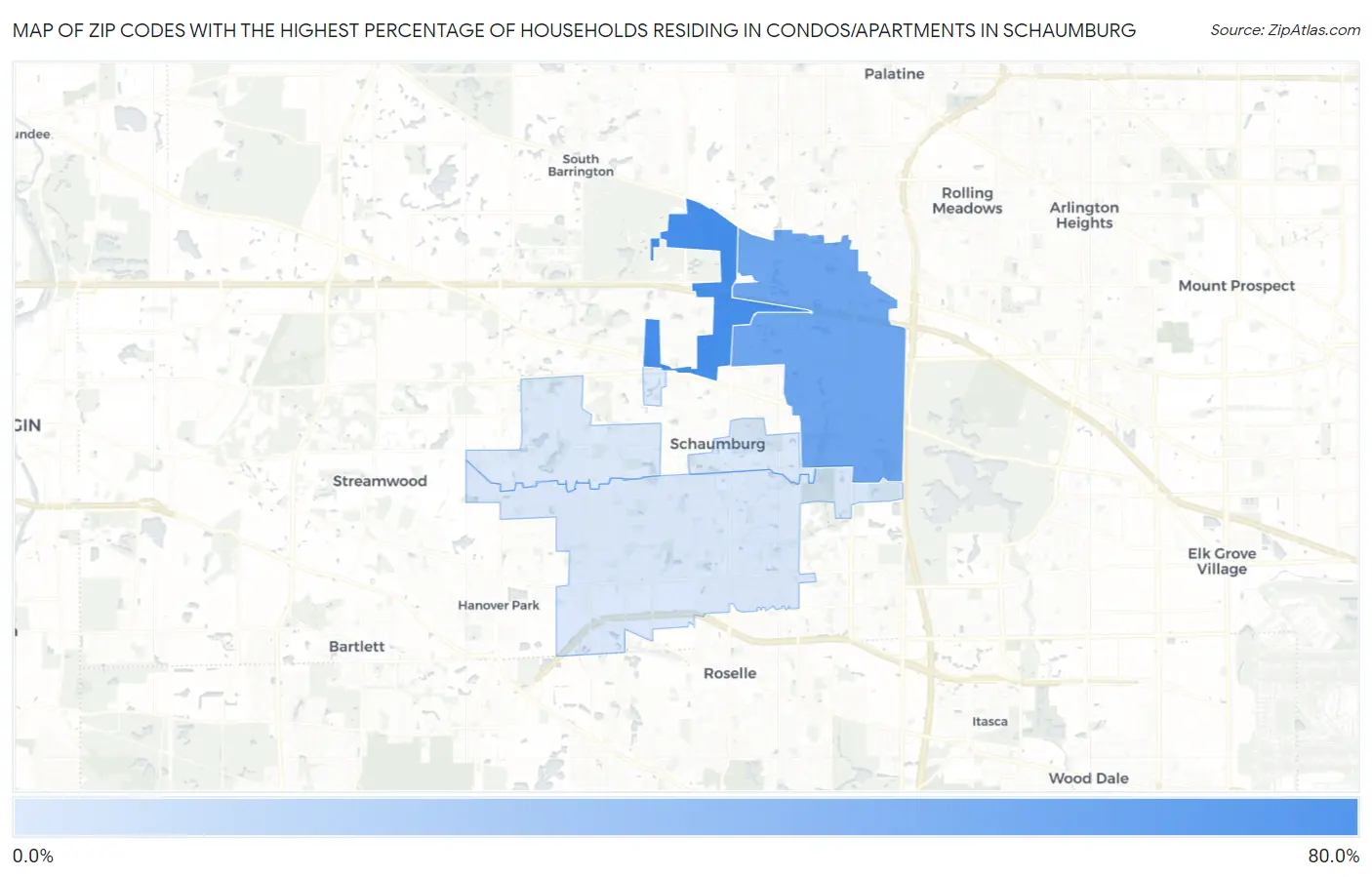Zip Codes with the Highest Percentage of Households Residing in Condos/Apartments in Schaumburg Map