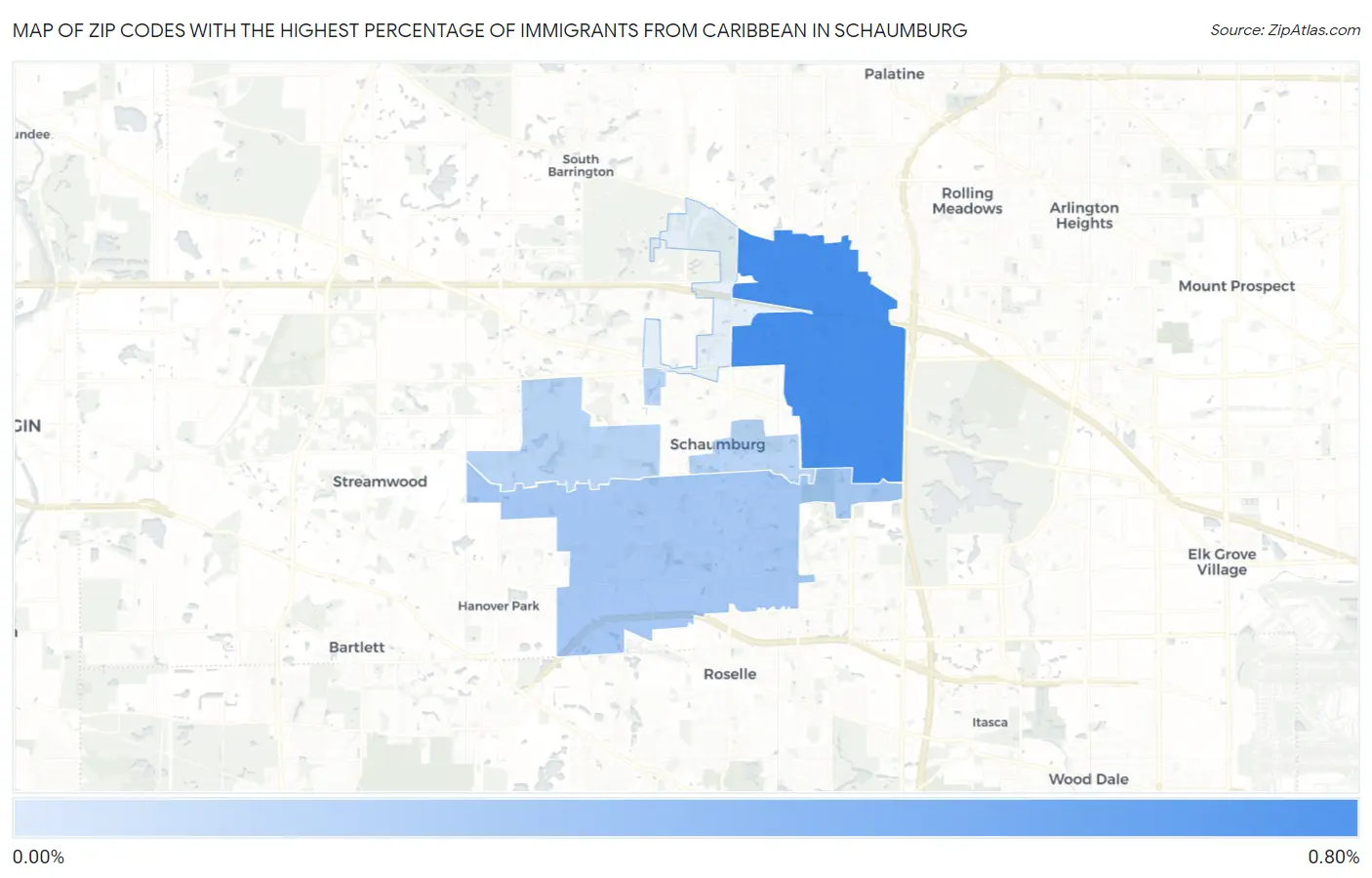 Zip Codes with the Highest Percentage of Immigrants from Caribbean in Schaumburg Map