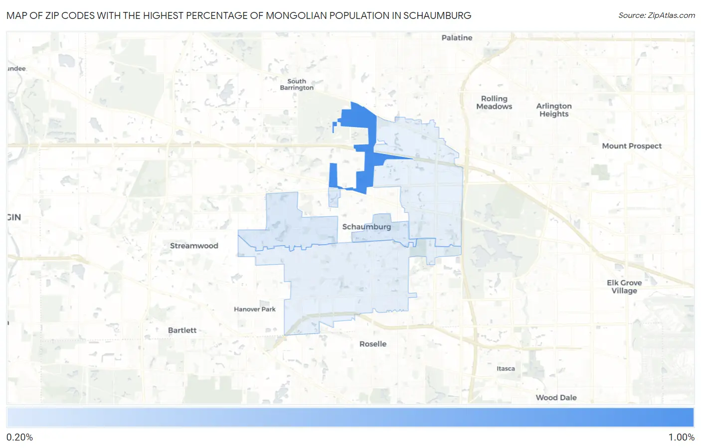 Zip Codes with the Highest Percentage of Mongolian Population in Schaumburg Map